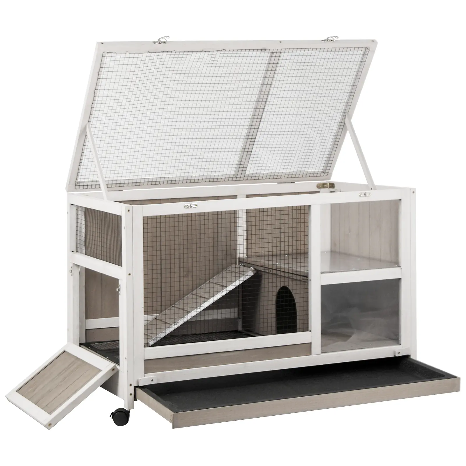 Large Indoor Guinea Pig Cage Wooden Rabbit Hutch with Anti-Slip Ramp, Easy Clean Pull-Out Waste Tray, 360° Rolling Casters, Lockable Doors, Grey