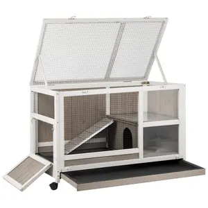 Large Indoor Guinea Pig Cage Wooden Rabbit Hutch with Anti-Slip Ramp, Easy Clean Pull-Out Waste Tray, 360° Rolling Casters, Lockable Doors, Grey