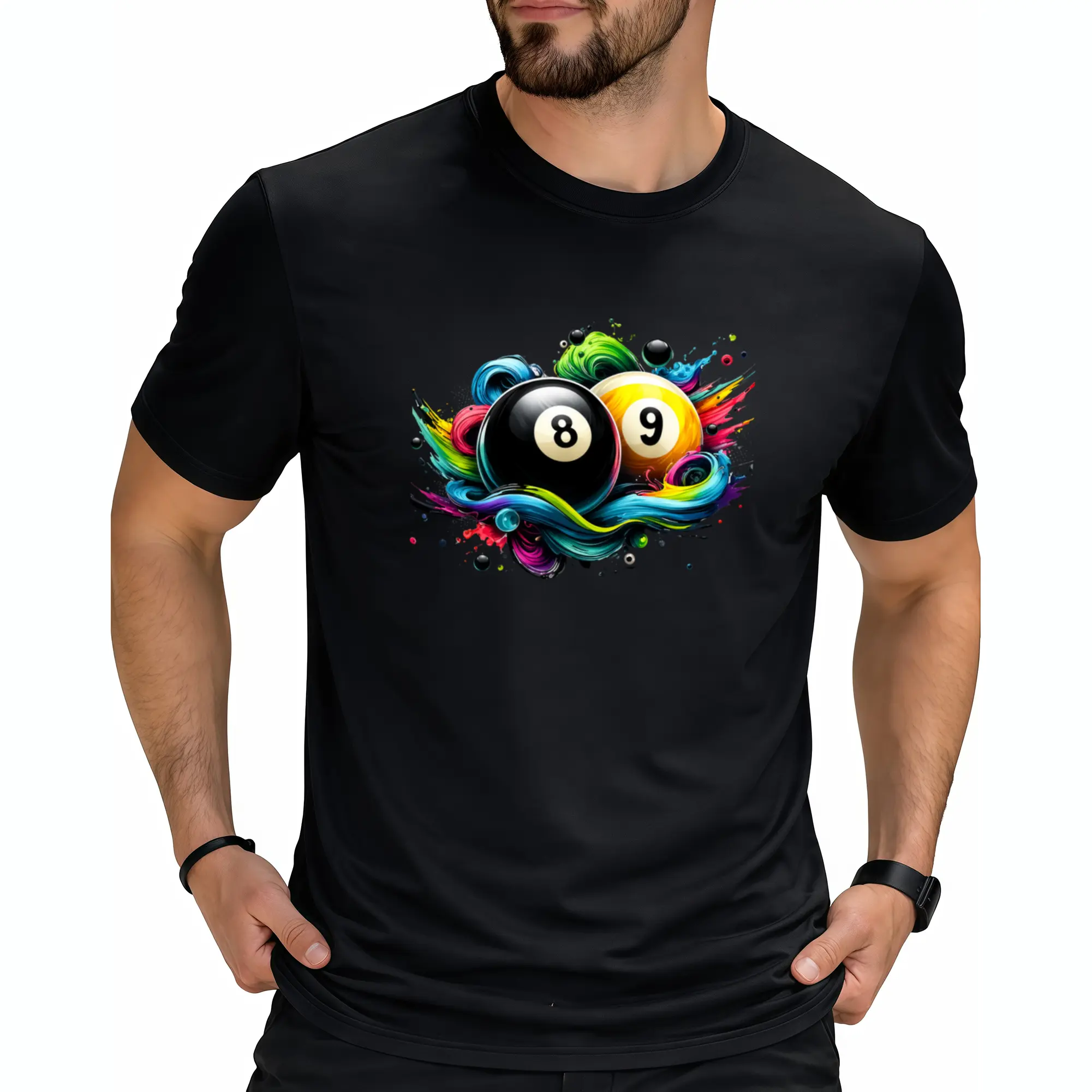 Unisex 8-Ball & 9-Ball Graffiti Art T-Shirt. This black, vintage Harajuku-style tee features an 8-ball and 9-ball design. Suitable for all seasons, it is perfect for pool parties and casual wear. A casual, short-sleeved T-shirt