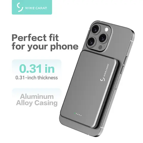 9-Carat Ultra Slim Metallic Magnetic Power Bank - 5000-10000mAh Lightweight Rechargeable Mobile EDC Card-Sized Battery Pack, 20W PD Quick Charge, USB-C & MagSafe Compatible, Protection for iPhone 17/16/15/14/13/12 Pro Smartphone