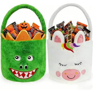 2 Pcs Halloween Basket Plush Trick or Treat Bag, Halloween Candy for Kids Gifts Decoration Supplies, Dia 8" * H 15.7"(Dinosaur&Unicorn)