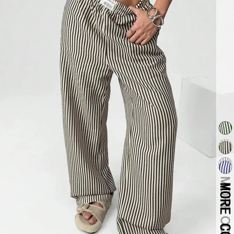Women's Striped Woven Textured Loose Wide Leg Baggy Pants, Casual Fashion Loose, Casual Lounge Pants for All Seasons, Stylish and Comfortable Long Trousers, Perfect for Casual and Formal Wear, Chic, Casual Style Bottoms