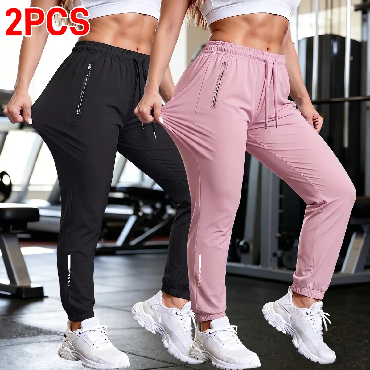 Women's 2-Pack High Waist Slim-Fit Polyester Pants, Athleisure Casual Bottoms, Casual Athletic Joggers, Summer Cool Drawstring Trousers, Zippered Pockets, Beach-to-Gym Wear, Full-Length Normal Type Workout Bottoms, XL