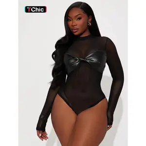 Women's Fashion Solid Color Mesh PU Leather Long Sleeve Knot Slim Fit Jumpsuit, All Seasons Versatile Casual Style