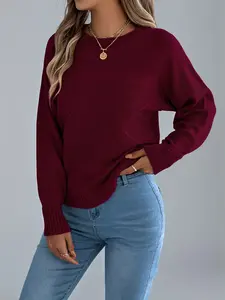 Women's Casual Long Sleeve Pullover Sweater Top Knitwear, Round Neck Plain Color Design, Perfect for Fall & Winter