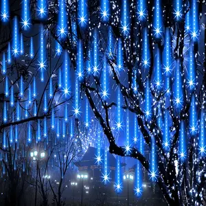 Christmas Lights Outdoor Meteor Shower Lights 24-Tube 576LEDs Snow Falling Rain Cascading Icicle Light for Xmas Tree Christmas Decorations Wedding Party Holiday Garden Decor, UL Plug Blue