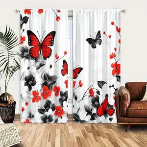 2pcs Window Curtains, Red and black butterflies flutter amidst a garden of red, black, and white flowers, creating a vibrant contrast on a pristine white background.Window Drapes for Bedroom Living Room, Room Decor Curtain, Rod Pocket Window Treatment