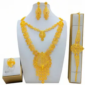 18 Carat Gilded Dubai Style Bride Marriage Set Woman Trendy Fashion Jewelry Necklace Earring Ring Bracelet Girlfriend Party Baddies Chain Butterfly Wedding Glamour Set