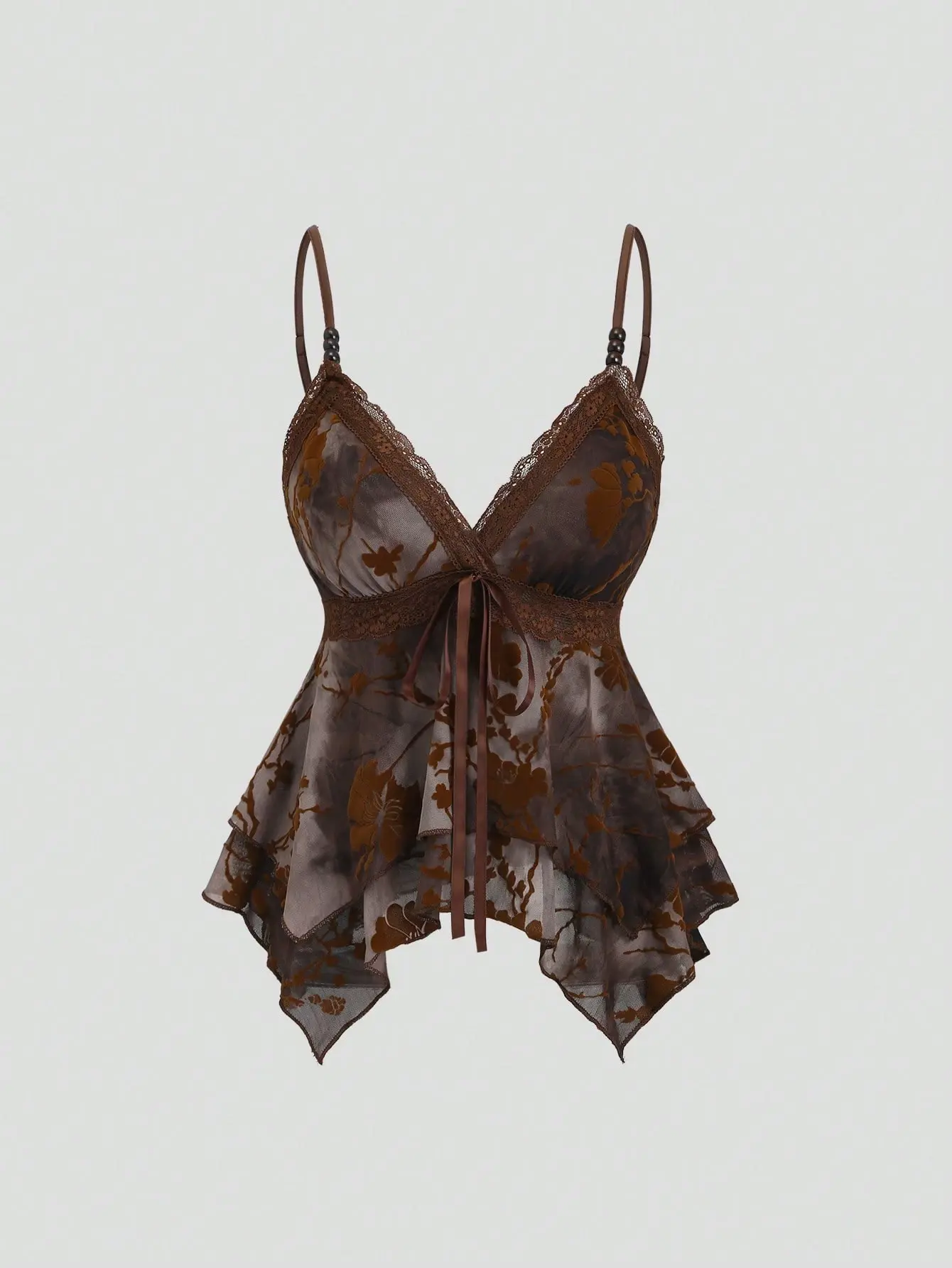 LALUZ Boho Fairycore Cami Top Brown Floral Lace Spaghetti Strap Asymmetric Ruffle Hem Ribbon Tie Bow Wooden Bead Whimsical Summer Outfit Date Night Aesthetic