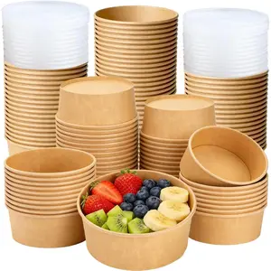 50 Pack Paper Soup Containers with Lids, 25 Oz To Go Hot Cold Soup Bowls, Disposable Kraft Ice Cream Food Cups for Take Out Foods, Snack, Dessert