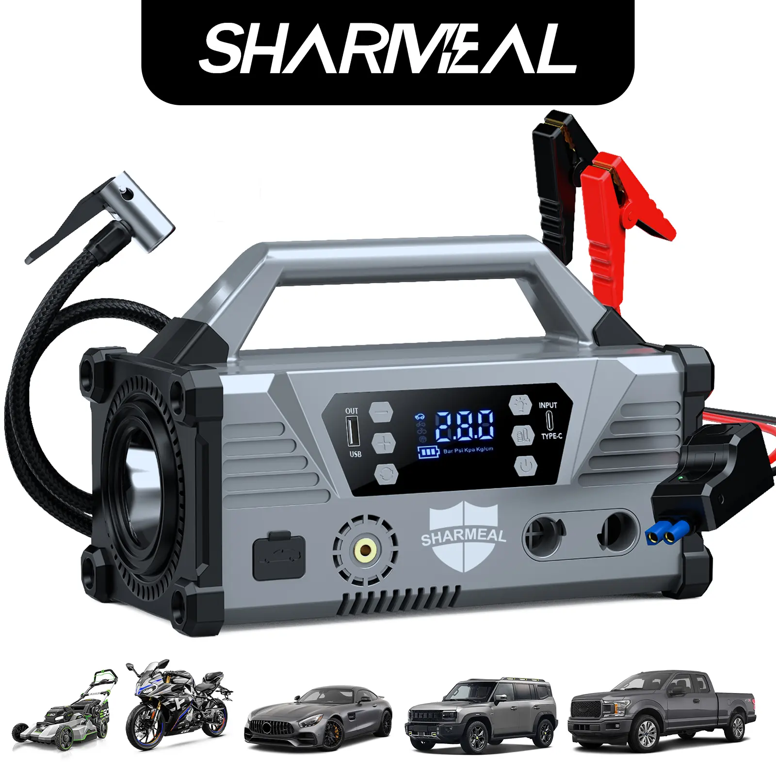 SHARMEAL 9000A High-Capacity Portable Travel Size Vehicle Jump Starter & Air Inflator-Deflator, 15-in-1 Cordless Multi Functional Power Pack with Smart Boost Cables, 1200LM LED Light, GL995, Emergency Phone Charger