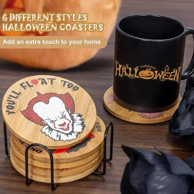 6 Piece Horror Movie Character Coaster Set, Unique Halloween Round Coasters, Wooden Coasters, Party Decoration, Perfect for Coffee Table and Kitchen Display