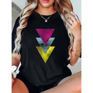 Women's Black T-Shirt with Colorful Inverted Triangles & Mountain Graphic, Casual Summer Fashion Tee for Ladies Daily Wear