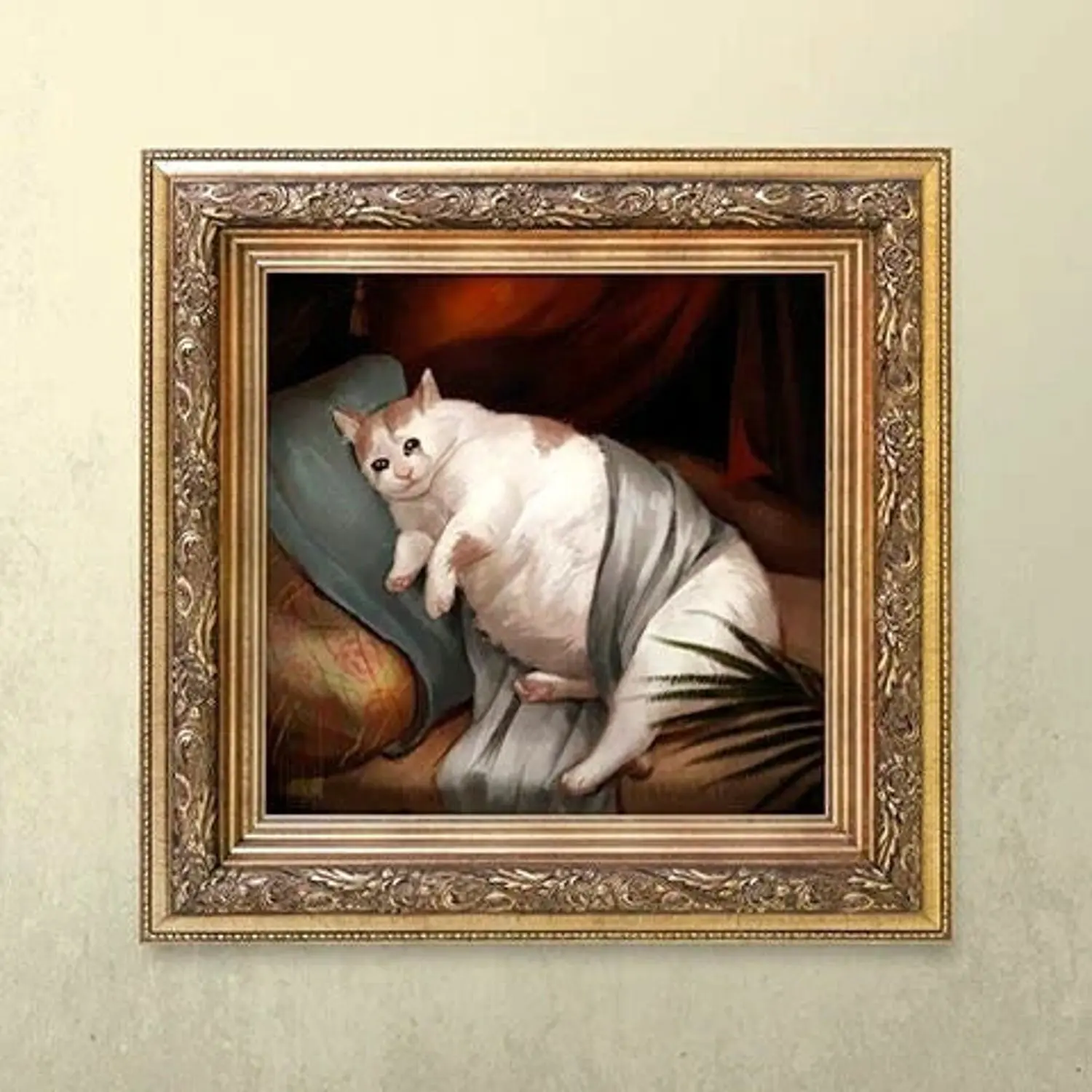 Fat Cat Crying Poster, Funny Chonk Painting Meme Wall Art, Ugly Renaissance Cats Square Horizontal Art Print, Gag Lover Quirky Bizarre Gift