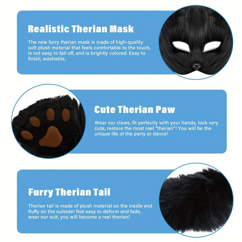 Faux Fur Fox Costume Set, 4Pcs Plush Mask Fluffy Claw Gloves & Tail Perfect for Halloween Christmas and Costume Parties Ideal Gift for Children halloween  boutique