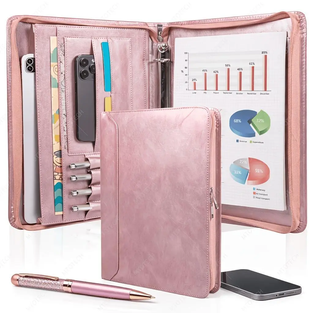 Zipper Binder Portfolio for Women, 3 Ring Binders 1 Inch, PU Leather Padfolio Folder, Business Portfolio Organizer with A4 Legal Pads, Thin PU Leather Professional Binder, Gift for Her, New Year