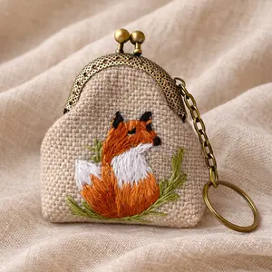 Hand Embroidered Mini Coin Purse Keychain with Fox Design - Natural Linen, Soft Cotton Lining, Brass Kiss Lock