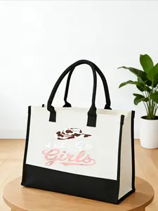 letter print White Canvas BagSporty American Football Graphic Canvas Tote Bag for Women - Durable Off-White and Black Colorblock Design with Strong Handles, Casual Lightweight Reusable Handbag Featuring "Let's Go Girls" Cursive Print for Everyday U