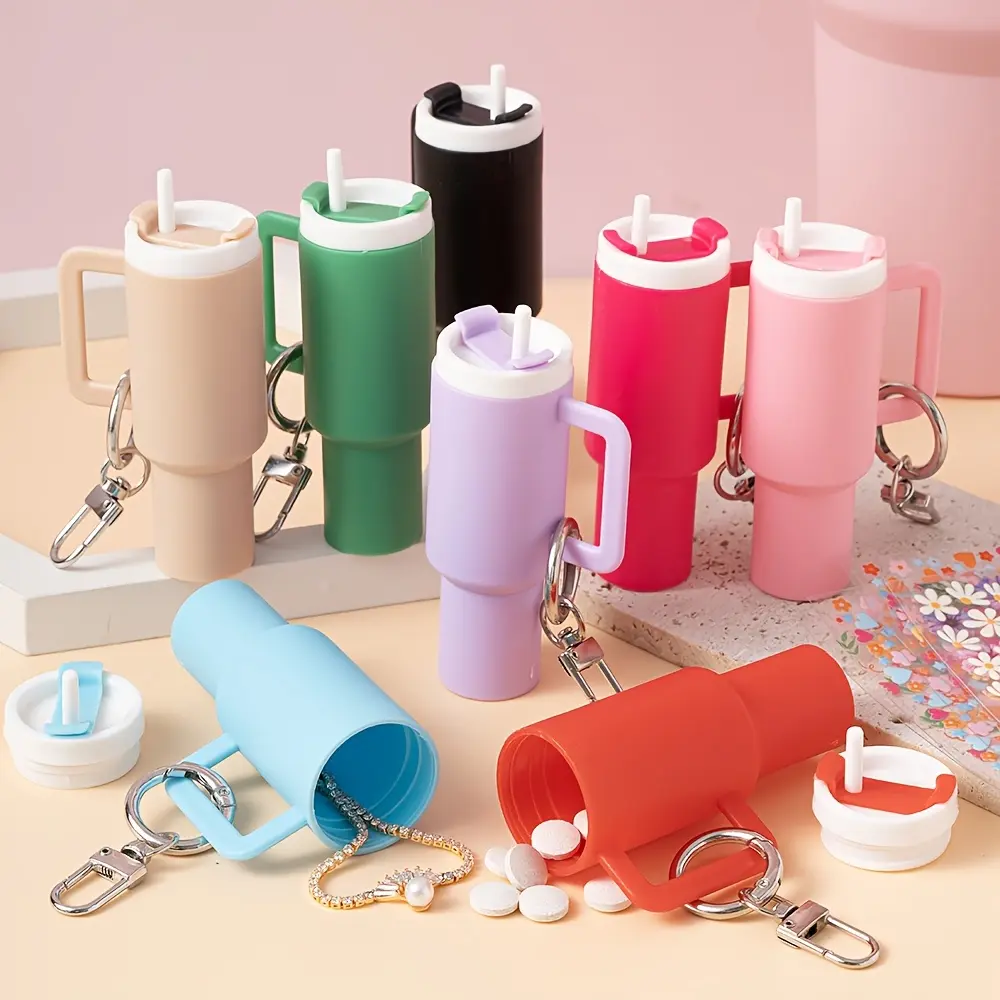 14pc Solid Color Mini Tumbler Cups Keychain Set, Compact Plastic Chapstick Holder and Pill Box for DIY Gifts, 14Pc Diy Gift Set, Keychain Accessories, Key Holders, Diy Keychains, Keychain Kit