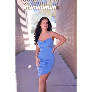 Blue - Satin Asymmetrical Bodycon Dress