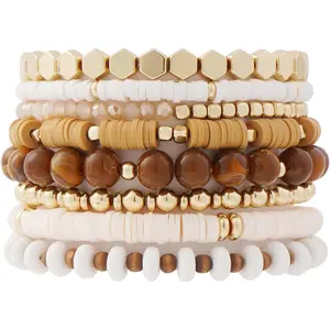 Surfer Heishi Clay Bead Bracelets for Women Bohemian Stackable Gold Plated Beaded Stretch Bracelets Elastic Layering Friendship Bracelets Set Boho Jewelry 2026