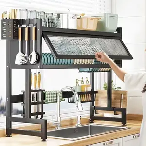 < > Household kitchen storage rack with cabinet door sink dish storage rack multi-layer functional countertop drain rack kitchen sink countertop dust-proof storage storage bowl drying rack 1 piece Cutlery Organizer Organiser