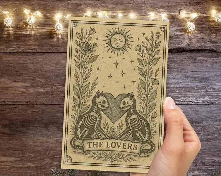 The Lovers Tarot Card -  Skeleton Cats Gothic Art Greeting card - Halloween Anniversary Card