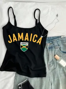 Y2K Jamaica Flag Graphic Cami Top | Black Slim Fit Spaghetti Strap Tank | 2000s Aesthetic Streetwear for Women | Caribbean, Tropical Print Camisole | Retro 90s Fashion | Summer Streetwear | Festival Outfit | Coachella Inspired