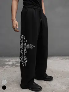 Men's Gothic Trendy Rhinestone Cross Wide Leg Pants, Main Color with Shiny Rhinestone Print, Loose Comfort Fit, Soft Fabric