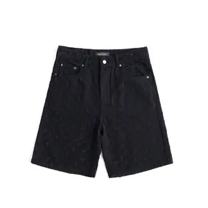 Vintage Black Jacquard Denim Shorts Men, Y2K Baggy Denim Shorts ,Summer Casual Jorts