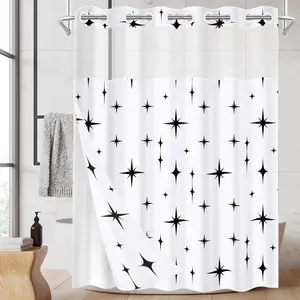 1 Pack No Hook Double Layer Shower Curtain, Black Star Print Bath Curtain, Waterproof, Mildew Resistant, Durable Fabric, Minimalist Home Decor, Removable Liner, Top See-Through Window, Partition Curtain 71"×74"