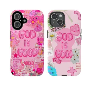 Pink ‘God Is Good’ Aesthetic Phone Case, Cute Christian Inspirational Tough Phone Cover, gift for him for her, aesthetic, jesus heals