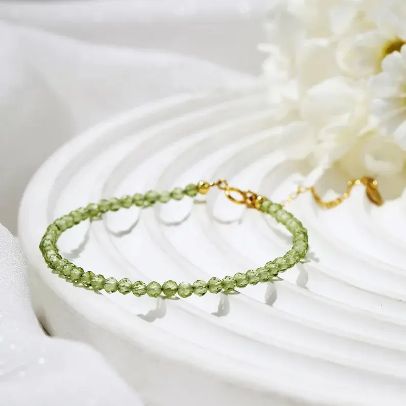 Natural Green Peridot Olive 2mm Tiny Beaded  Crystal Healing Reiki Spiritual Protection Minimalist Dainty Women Bracelet