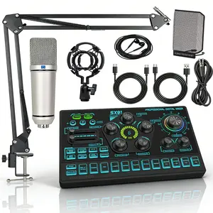 Songsim Sx91+u87 Live Mixer Sound Card Set, 48v Phantom Power, Large Diaphragm Condenser Mic, Arm Stand, Studio Grade Audio Quality