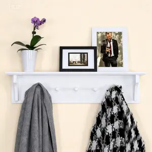 5-Peg Floating Wall Shelf with Hooks, 24-Inch Coat and Hat Organizer, White, Reusable Storage Rack, Space-Saving Design for Entryway
