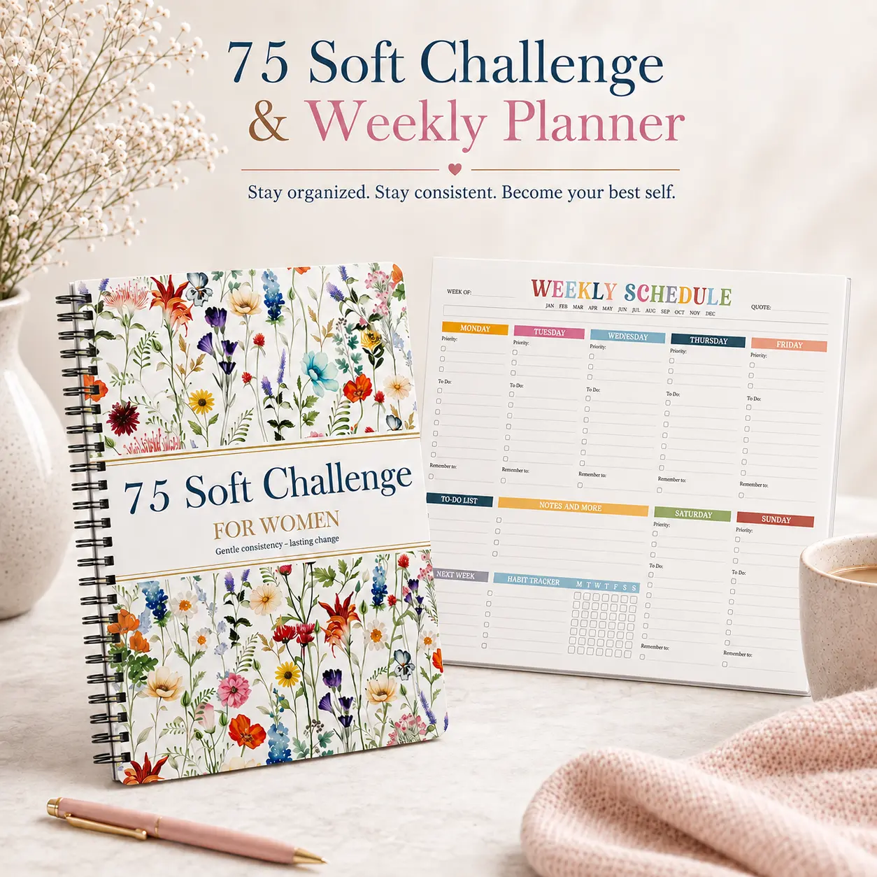 Combo (Floral 75 soft challenge & Rainbow Boho Weekly planner)