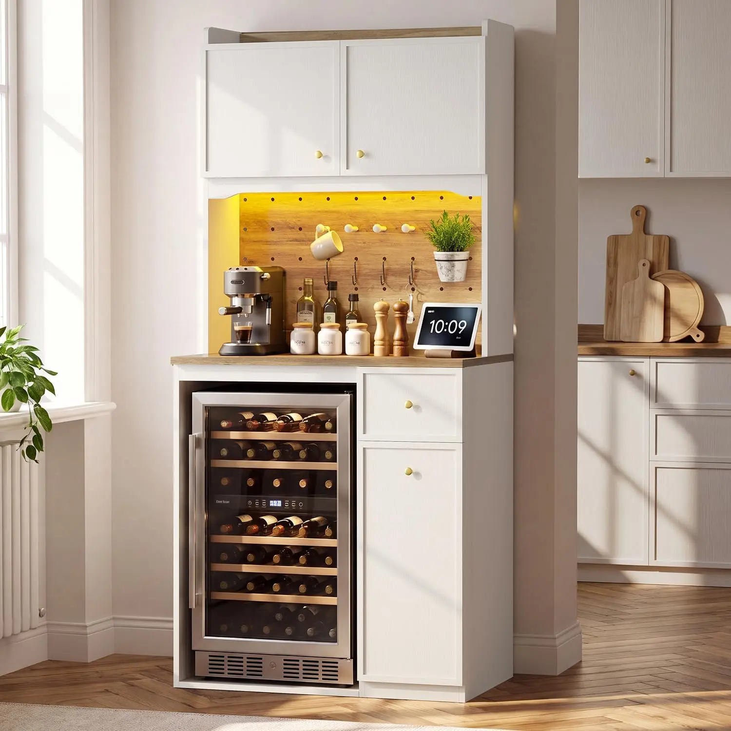 Hauoms Coffee Bar with Mini Fridge Space, Bakers Rack with Storage, Power Outlets | LED Chasing Lights, 72" Tall Pantry, Kitchen Hutch with 20.9" Countertop, Coffee Bar Station, Dorm Fridge Cabinet, Versatile