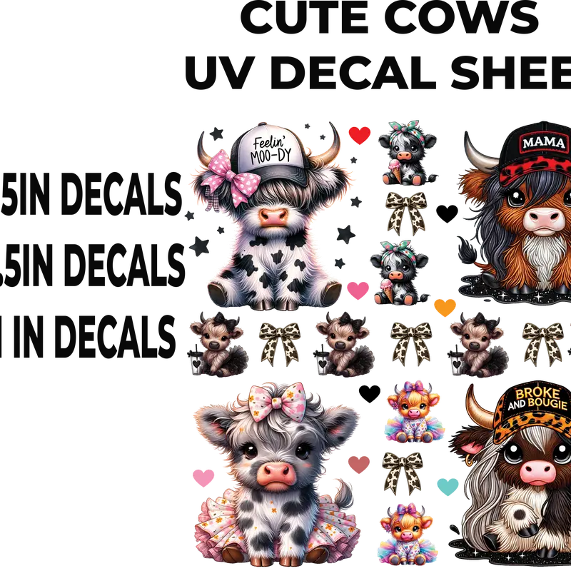 Cute Cow UV Decal Sheet with Adorable Cattle Designs for DIY Projects and Home DecoR