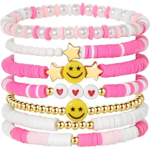 Preppy Bracelets Set Colorful White Gold Smile Heart Star Polymer Beaded Pearl Clay Stackable Charm Y2K Kidcore Aesthetic Summer Beach Bohemian Stretch Layering Bracelets Jewelry for Girls Women Teens