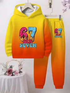 Boys' Trendy Style 67 Print Hoodie Set, 3D Full Print Sports Hoodie & Shorts, Casual Long Sleeve Sweatshirt, Geometric Pattern, All Seasons, Summer, Graphic Print Set, Fitted Set, Clothing Sets, Set Outfit