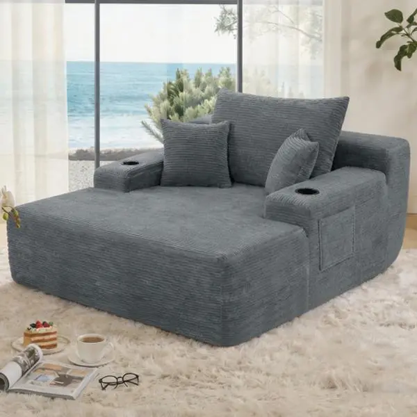 Grey Armless Corduroy Convertible Chair Bed - 47x65x24 in, 75 lbs, Cup Holders, Side Pockets, No Assembly, Reading Nook Chair for Bedroom, Living Room, Nap Use