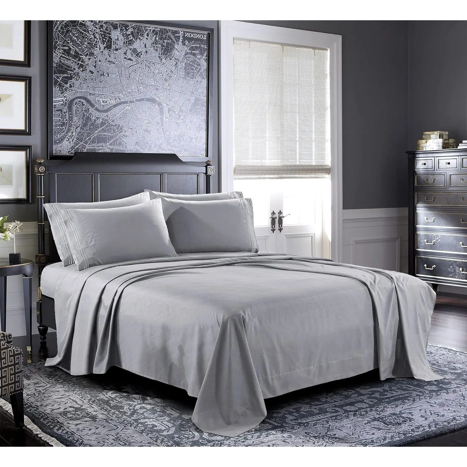 - Queen Sheet [6-, Light Grey] - 1800 Brushed Microfiber - and - Deep Pocket Sheet, Flat Sheet, Pillow Cases