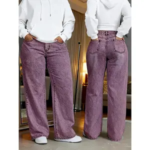 Women's plus size snow-washed purple jeans - high-stretch straight-leg denim pants, relaxed fit with button closure, straight-cut all-season trousers, hand or machine washable, suitable for casual and formal occasions