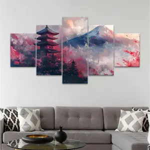 Japanese Style Canvas Painting, 5 Counts/set Cherry Blossom & Ink Wash Japanese Scenery Pattern Wall Art, Artwork, Wall Decor for Home Living Room Bedroom Office, Ornaments