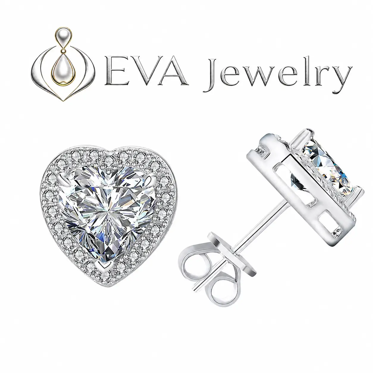 [EVA Jewelry] Heart Earrings 925 Sterling Silver Synthetic Moissanite Earrings