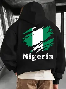 Men's Casual Hooded Sweatshirt with Kangaroo Pocket, Nigeria Flag Print Design, Fall & Winter Loose Fit Fleece Pullover