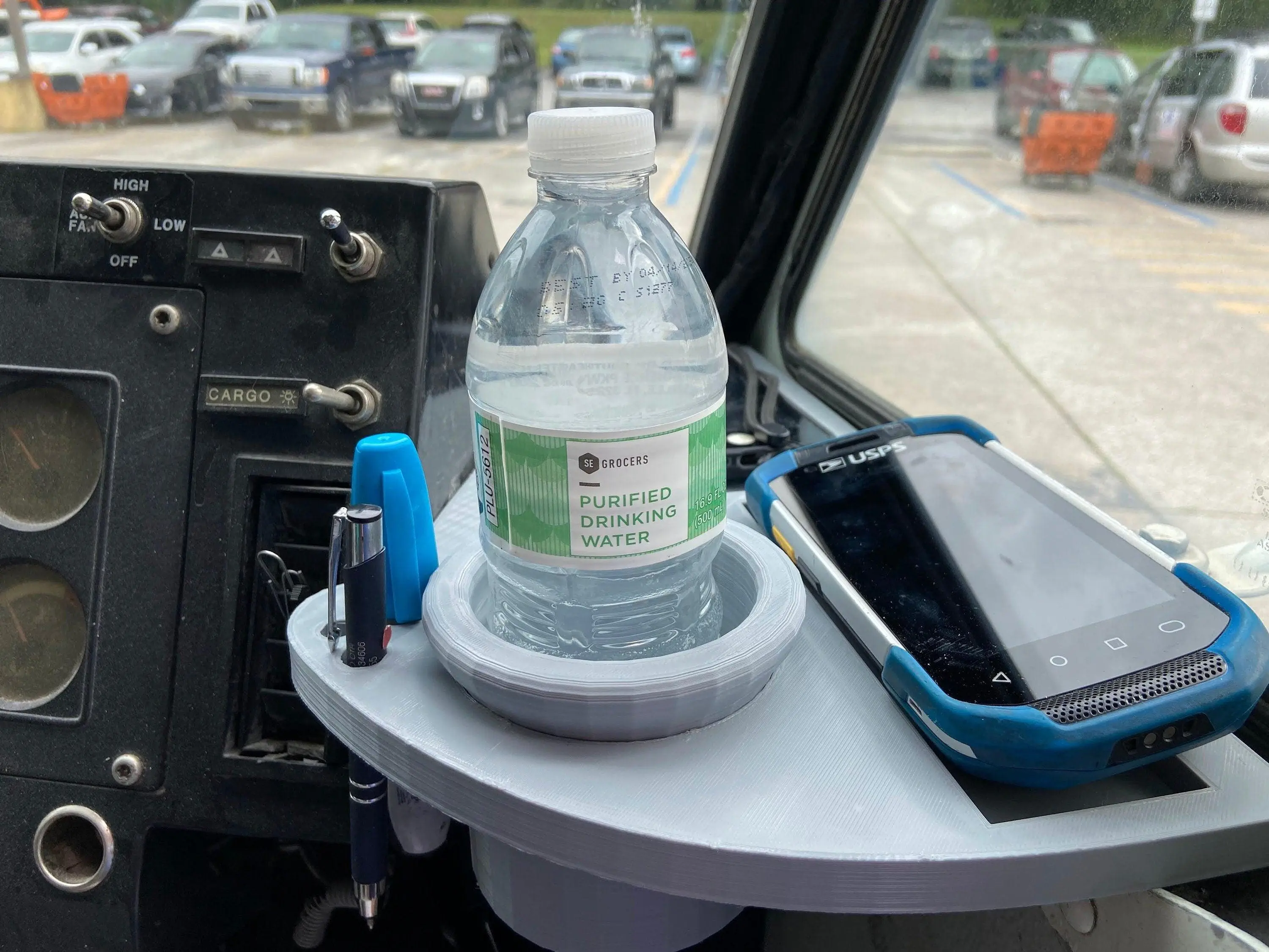 Mail Carrier Tray for LLV - 3D Printed PETG Durable Design with Cup Insert & Rubber Band Box - USPS Cupholder Tray for Enhanced Storage
