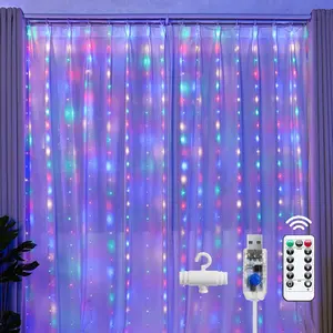 300 LED Curtain String Lights, Fairy Lights with 8 Light Modes, 9.8x9.8Ft Remote USB Plug Fairy String Lights for Christmas, Bedroom, Indoor, Outdoor, Weddings, Party, Camping Decor (Multicolored)