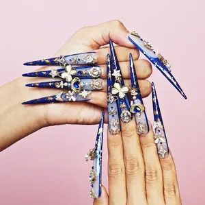 10Pcs Handmade Nails.Luxurious Royal Blue Nails, Dark Navy Blue Base,3D Gemstone, Rhinestone, and Pearl Decorations, Gold and Silver Embellishments, Flower and Bow Designs