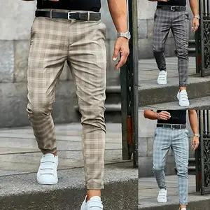 solid color multi pocket 2025 Men's Formal Suit Pants Classic Plaid Elastic Slim Pencil Pants Comfortable Mid Waist Business Casual  Pants Male